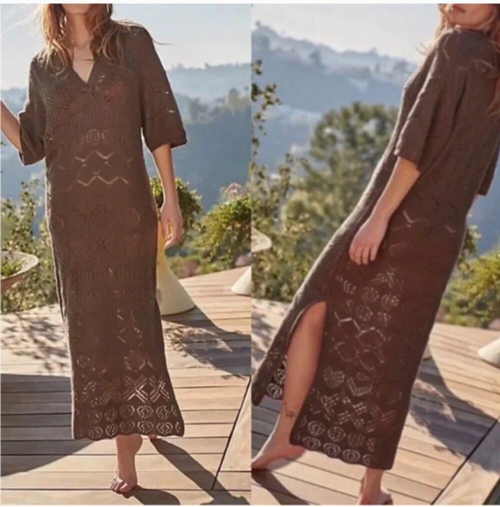Free People Islamorada Fauxchet Sweater Maxi Crochet Dress Brown Womens Large